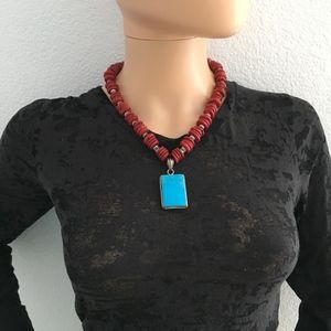 Turquoise and Red Coral Necklace and Bracelet